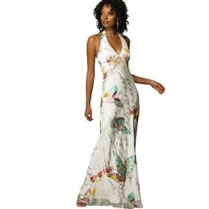 Mary L Couture Butterfly Silk Blend Halter Maxi Dress Evening Gown Size 4  EUC